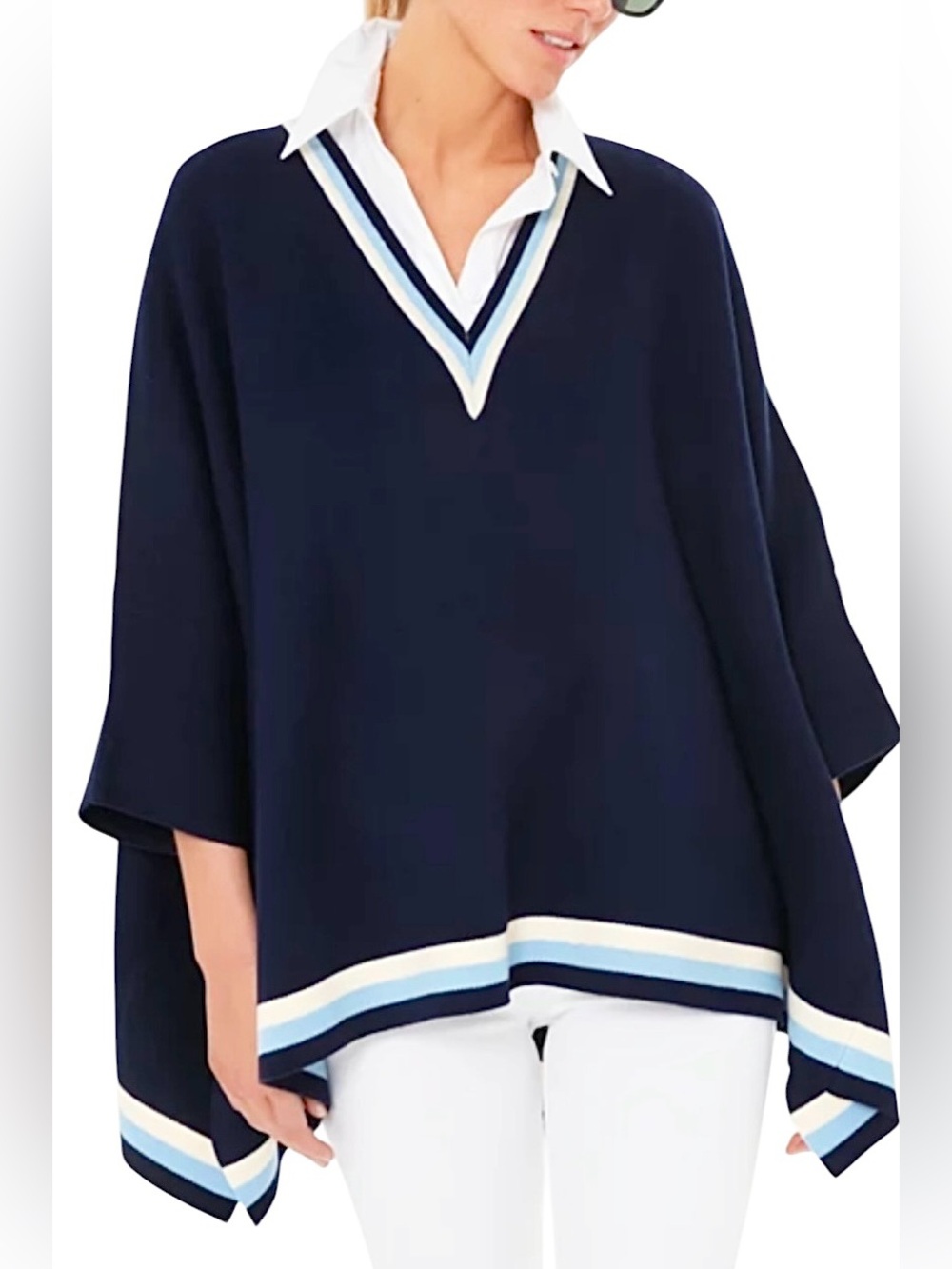 Tuckernuck Camden Poncho Blue Soft Knit Varsity V-Neck Preppy Sweater ~ One Size